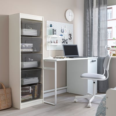 TROFAST Combinazione con contenitori, bianco/grigio scuro, 46x30x145 cm
