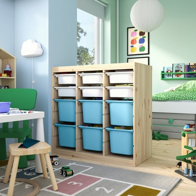 TROFAST Combinazione con contenitori, divisorio d'ambiente pino con mordente bianco/bianco azzurro, 93x44x91 cm