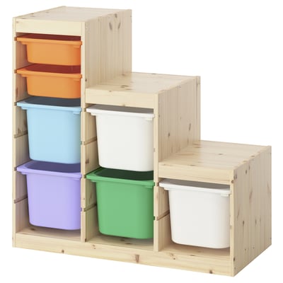 TROFAST Combinazione con contenitori, pino con mordente bianco bianco/multicolore, 94x44x91 cm