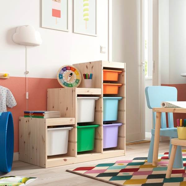 TROFAST Combinazione con contenitori, pino con mordente bianco bianco/multicolore, 94x44x91 cm