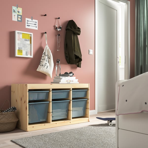 TROFAST Combinazione con contenitori, pino con mordente bianco/grigio-blu, 93x44x52 cm