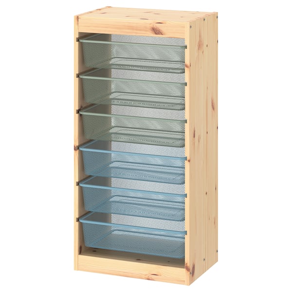 TROFAST Combinazione con contenitori, pino con mordente bianco grigio-verde/grigio-blu, 44x30x91 cm