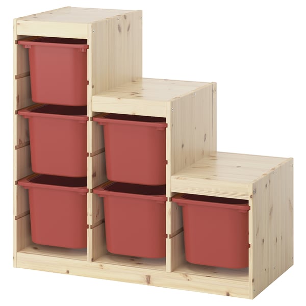 TROFAST Combinazione con contenitori, pino con mordente bianco/rosso, 94x44x91 cm