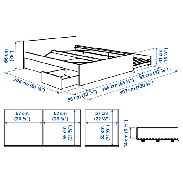 VIHALS Strutt letto/2cassetti/1 letto estr, bianco, 160x200 cm