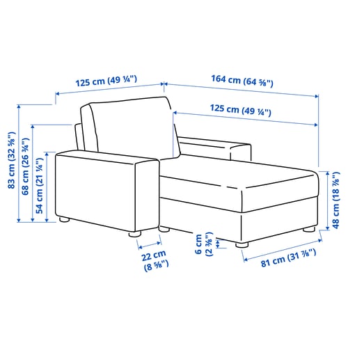 VIMLE Chaise-longue, con braccioli larghi/Hillared blu scuro