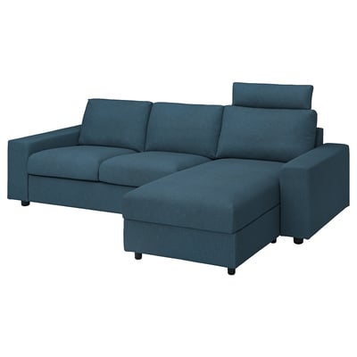 VIMLE Divano a 3 posti con chaise-longue, con braccioli larghi con poggiatesta/Hillared blu scuro