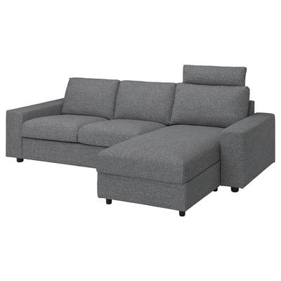 VIMLE Divano a 3 posti con chaise-longue, con braccioli larghi con poggiatesta/Lejde grigio/nero