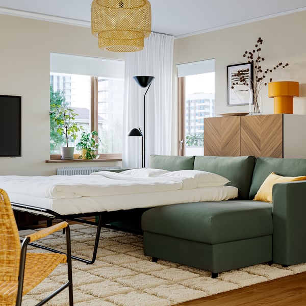 VIMLE Divano letto 3 posti/chaise-longue, Knäbäck grigio-verde