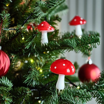 VINTERFINT Set di 2 decorazioni per albero, vetro/fungo rosso