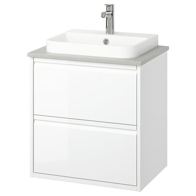 ÄNGSJÖN / BACKSJÖN Mueble con cajones lavamanos/grifo, alto brillo blanco/gris efecto piedra, 62x49x71 cm