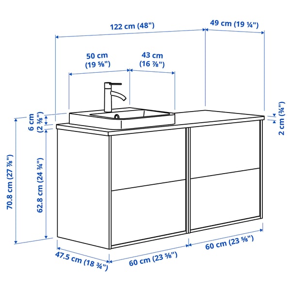 ÄNGSJÖN / BACKSJÖN Mueble/lavamanos/grifo, café efecto roble/blanco efecto mármol, 122x49x71 cm