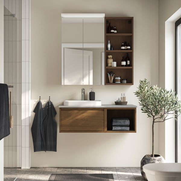 ÄNGSJÖN / BACKSJÖN Mueble/lavamanos/grifo, café efecto roble/gris efecto piedra, 102x49x41 cm