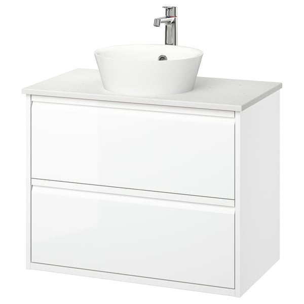 ÄNGSJÖN / KATTEVIK Mueble con cajones lavamanos/grifo, alto brillo blanco/blanco efecto mármol, 82x49x80 cm