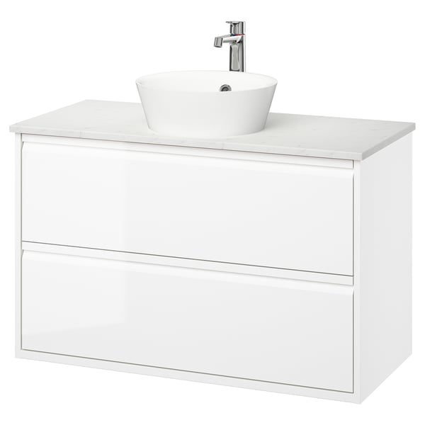 ÄNGSJÖN / KATTEVIK Mueble con cajones lavamanos/grifo, alto brillo blanco/blanco efecto mármol, 102x49x80 cm