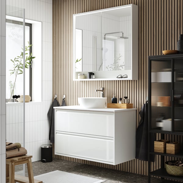ÄNGSJÖN / KATTEVIK Mueble con cajones lavamanos/grifo, alto brillo blanco/blanco efecto mármol, 102x49x80 cm