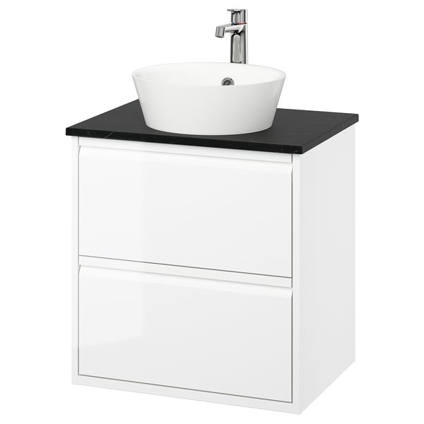 ÄNGSJÖN / KATTEVIK Mueble con cajones lavamanos/grifo, alto brillo blanco/negro efecto mármol, 62x49x80 cm
