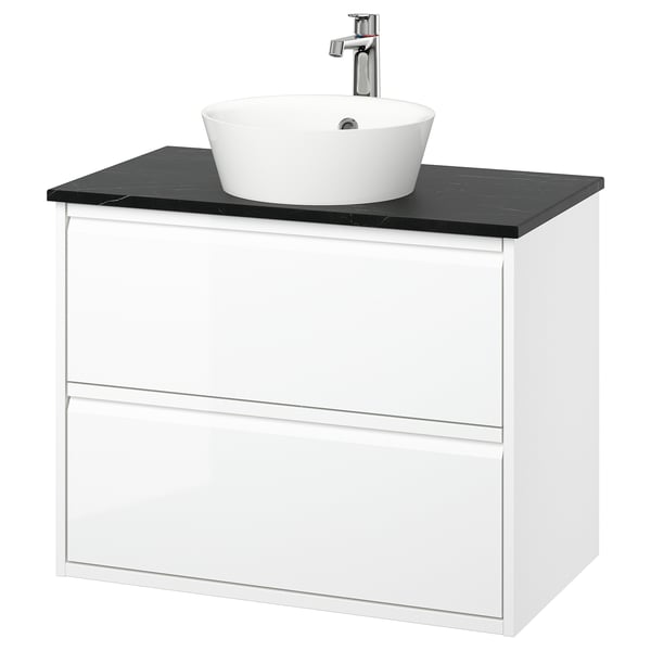 ÄNGSJÖN / KATTEVIK Mueble con cajones lavamanos/grifo, alto brillo blanco/negro efecto mármol, 82x49x80 cm