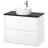 ÄNGSJÖN / KATTEVIK Mueble con cajones lavamanos/grifo, alto brillo blanco/negro efecto mármol, 82x49x80 cm