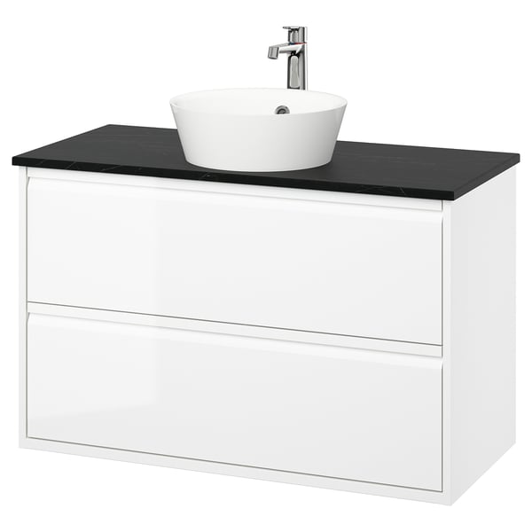 ÄNGSJÖN / KATTEVIK Mueble con cajones lavamanos/grifo, alto brillo blanco/negro efecto mármol, 102x49x80 cm