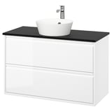 ÄNGSJÖN / KATTEVIK Mueble con cajones lavamanos/grifo, alto brillo blanco/negro efecto mármol, 102x49x80 cm