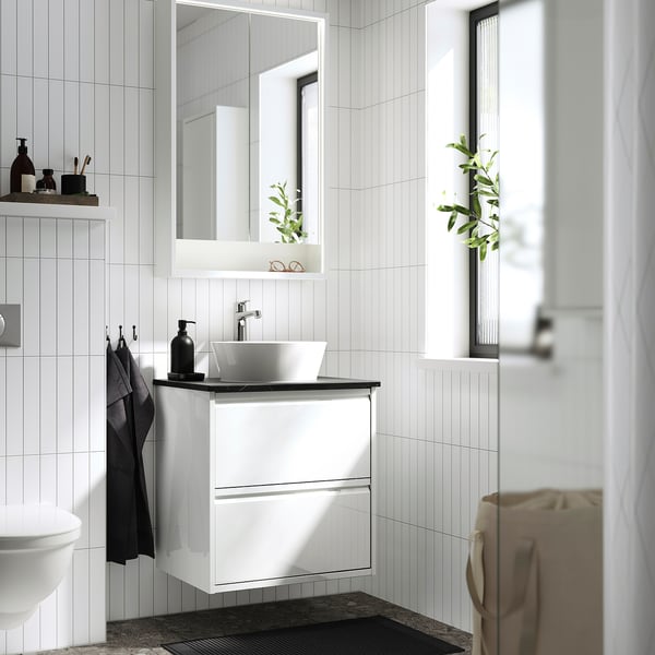 ÄNGSJÖN / KATTEVIK Mueble con cajones lavamanos/grifo, alto brillo blanco/negro efecto mármol, 62x49x80 cm