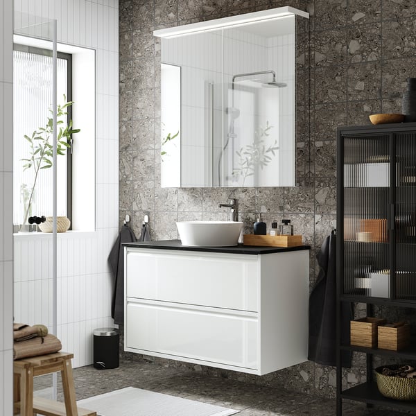 ÄNGSJÖN / KATTEVIK Mueble con cajones lavamanos/grifo, alto brillo blanco/negro efecto mármol, 102x49x80 cm