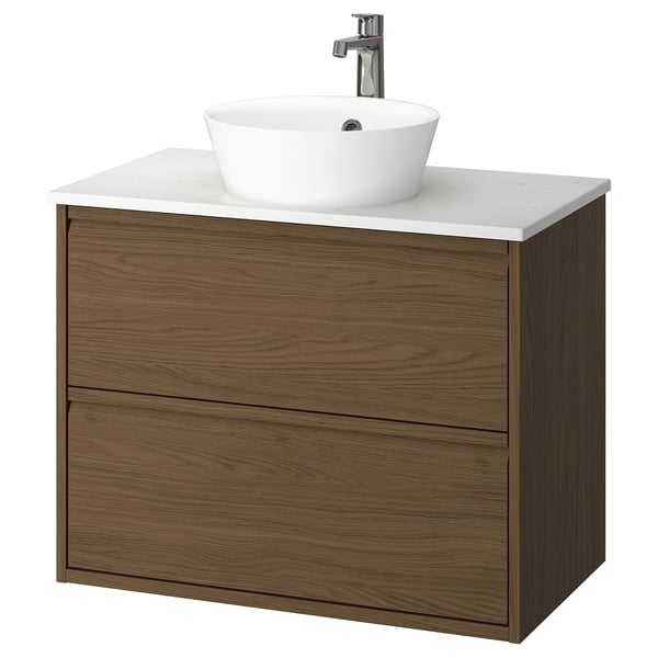 ÄNGSJÖN / KATTEVIK Mueble con cajones lavamanos/grifo, café efecto roble/blanco efecto mármol, 82x49x80 cm