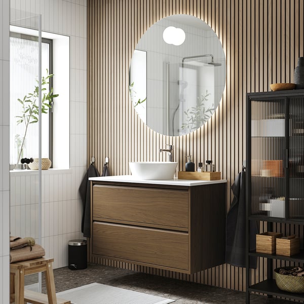 ÄNGSJÖN / KATTEVIK Mueble con cajones lavamanos/grifo, café efecto roble/blanco efecto mármol, 102x49x80 cm