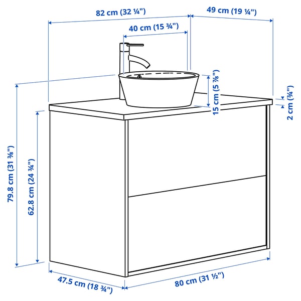 ÄNGSJÖN / KATTEVIK Mueble con cajones lavamanos/grifo, café efecto roble/blanco efecto mármol, 82x49x80 cm