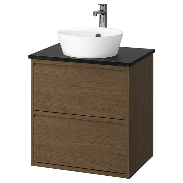 ÄNGSJÖN / KATTEVIK Mueble con cajones lavamanos/grifo, café efecto roble/negro efecto mármol, 62x49x80 cm