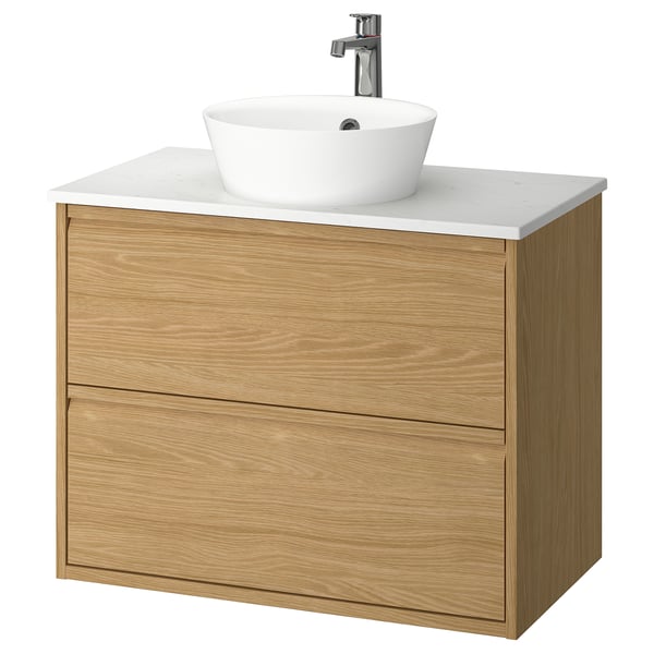 ÄNGSJÖN / KATTEVIK Mueble con cajones lavamanos/grifo, efecto roble/blanco efecto mármol, 82x49x80 cm
