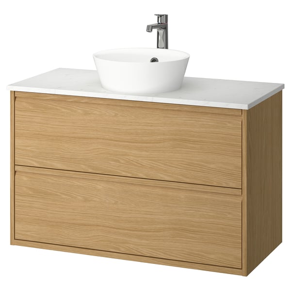ÄNGSJÖN / KATTEVIK Mueble con cajones lavamanos/grifo, efecto roble/blanco efecto mármol, 102x49x80 cm