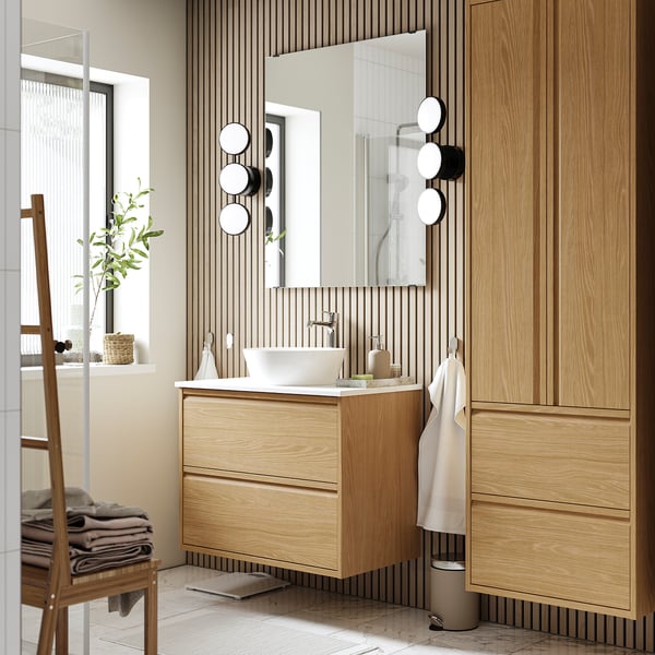 ÄNGSJÖN / KATTEVIK Mueble con cajones lavamanos/grifo, efecto roble/blanco efecto mármol, 82x49x80 cm