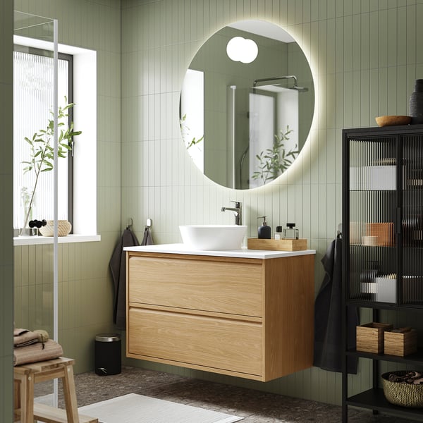 ÄNGSJÖN / KATTEVIK Mueble con cajones lavamanos/grifo, efecto roble/blanco efecto mármol, 102x49x80 cm