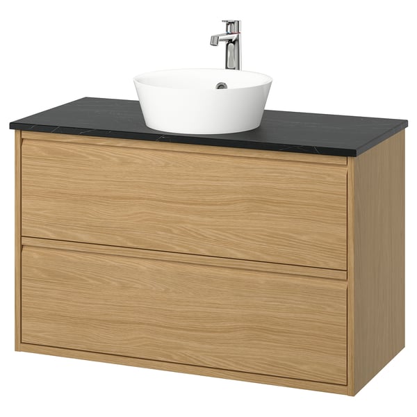 ÄNGSJÖN / KATTEVIK Mueble con cajones lavamanos/grifo, efecto roble/negro efecto mármol, 102x49x80 cm