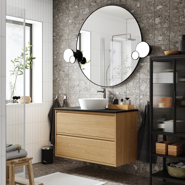 ÄNGSJÖN / KATTEVIK Mueble con cajones lavamanos/grifo, efecto roble/negro efecto mármol, 102x49x80 cm