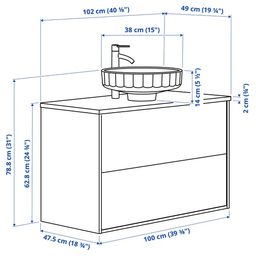 ÄNGSJÖN / LERSJÖN Mueble con cajones lavamanos/grifo, café efecto roble/blanco efecto mármol, 102x49x79 cm