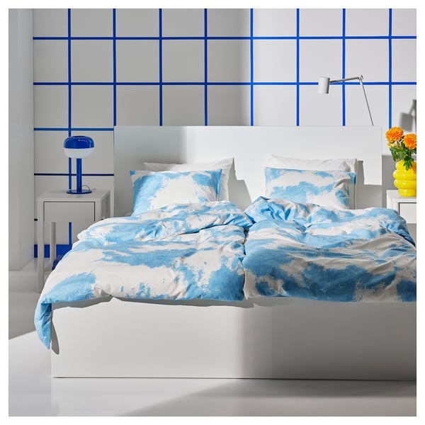 ÄNGSVITVINGE Funda plumón con funda almohada, azul/blanco, 150x200/50x60 cm