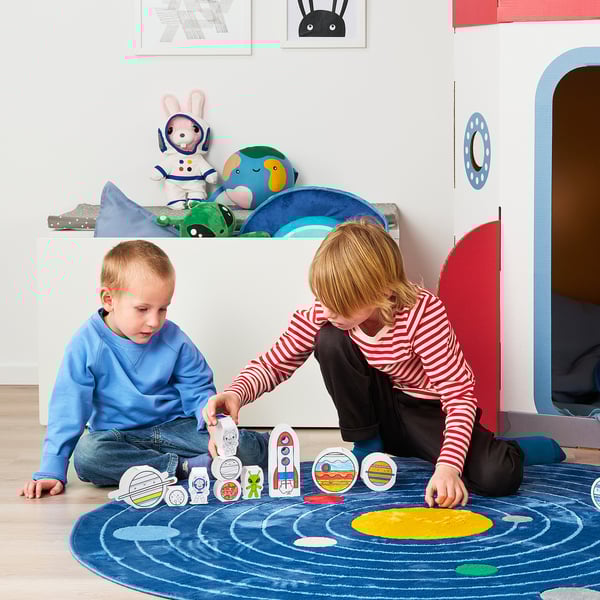 AFTONSPARV Alfombra, espacio redondeado/azul, 133 cm