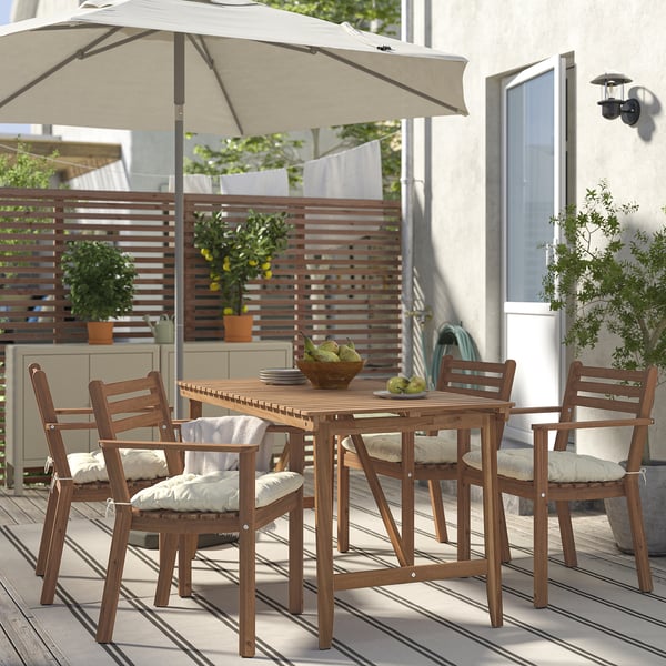 ASKHOLMEN Juego de terraza 4 sillas, café oscuro/Kuddarna beige, 143x75 cm