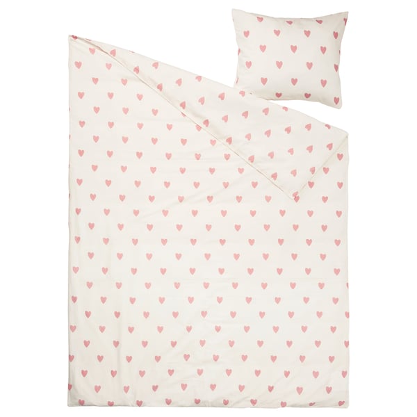 BARNDRÖM Funda plumón con funda almohada, corazón blanco/rosado, 150x200/50x60 cm