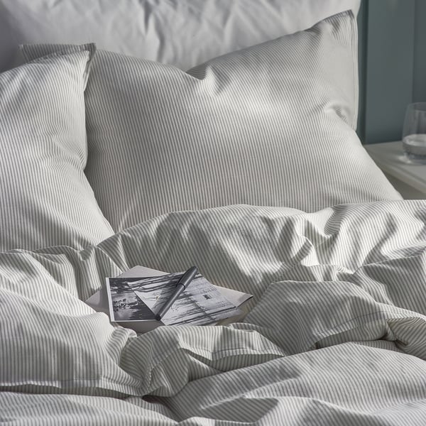 BERGPALM Funda plumón con 2 fundas almohada, gris/raya, 240x220/50x60 cm