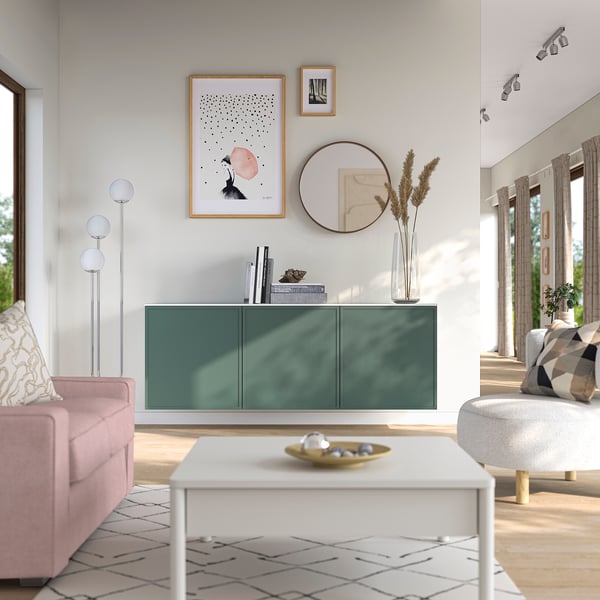 BESTÅ Buffet, blanco Krukmakare/gris oscuro-verde blanco de alto brillo, 180x42x65 cm