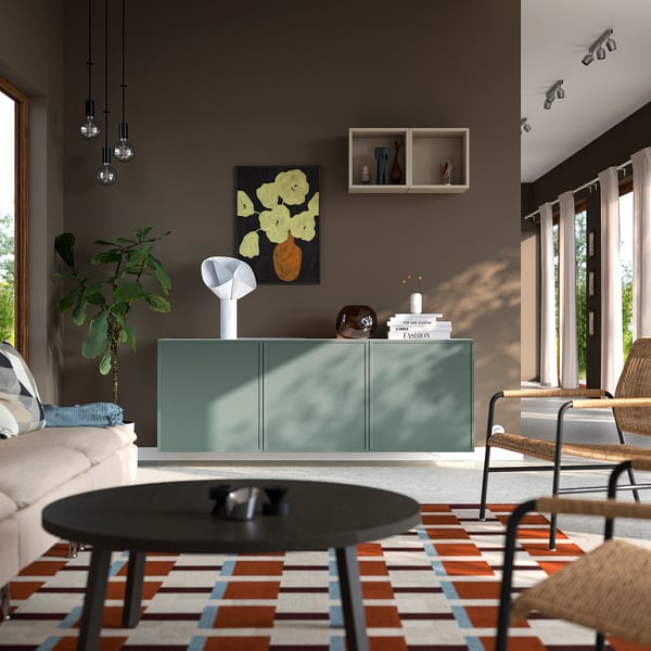 BESTÅ Buffet, blanco/Krukmakare gris oscuro-verde, 180x42x64 cm