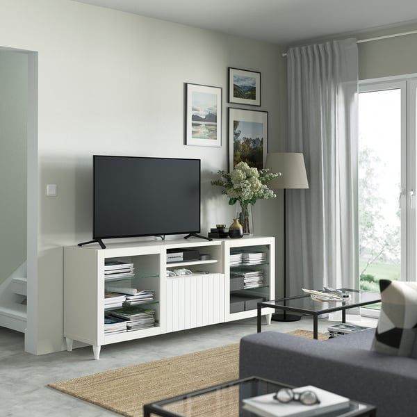 BESTÅ Mueble TV, blanco/Sutterviken/Kabbarp vidrio transparente blanco, 180x42x74 cm
