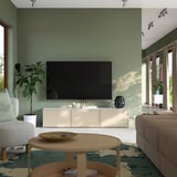 BESTÅ Rack de TV, blanco/Krukmakare beige, 180x42x38 cm