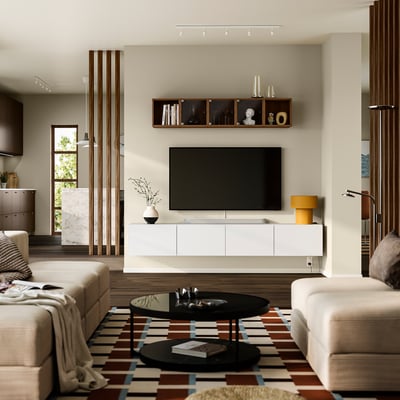 BESTÅ Rack de TV, blanco/Selsviken blanco de alto brillo, 240x42x38 cm