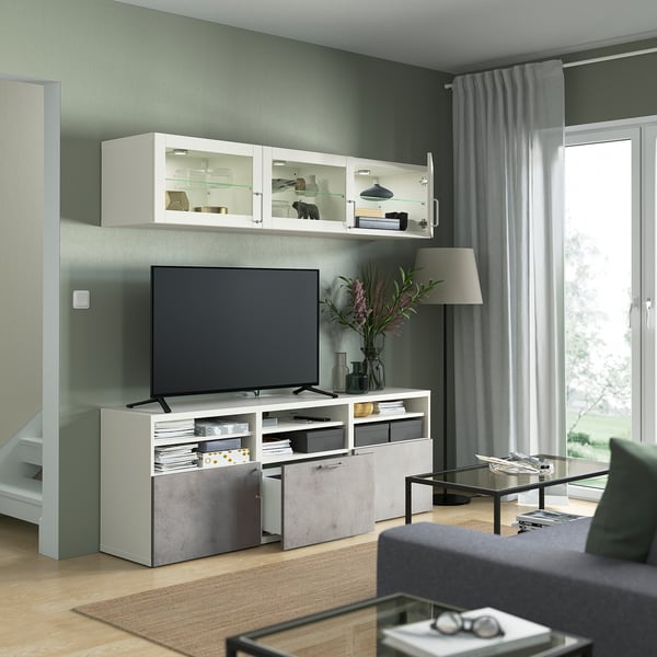 BESTÅ Rack de TV, blanco Sindvik/Kallviken gris claro, 180x42x192 cm