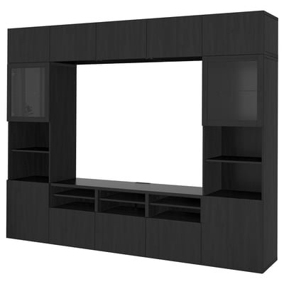 BESTÅ Rack de TV, negro/Lappviken vidrio transparente negro-café, 300x42x231 cm