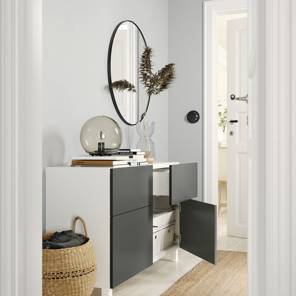 BESTÅ Vitrina, blanco/Lappviken/Stubbarp Gris oscuro, 120x42x74 cm